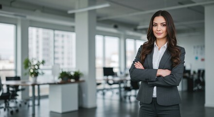 Successful businesswoman standing confidently in corporate office, arms crossed, blurred background, natural light, leadership and empowerment concept 