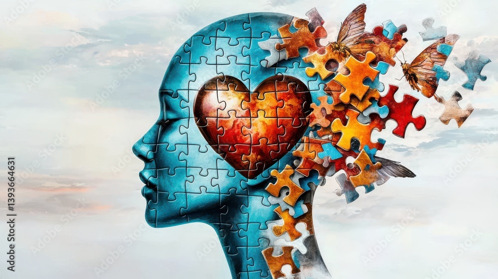 Poster fractured mind puzzle pieces exploding with vibrant colors and dynamic shapes symbolizing the power 