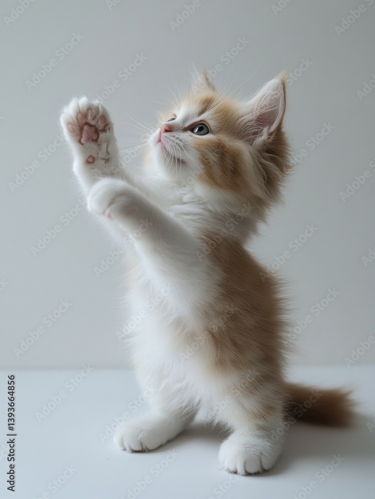 Aufkleber fluffy kitten playfully raising one paw in a minimal setup with a soft white background