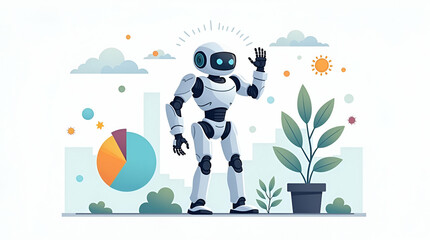 Flat Elegant visual narrative portraying AI driven autonomy with dynamic machine learning systems executing self governing tasks through integrated advanced analytics and real time decision frameworks