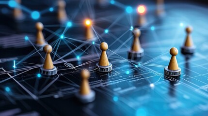 A complex digital network of interconnected nodes and links representing strategic partnerships data flows and intelligent analysis for organizational transformation and advancement