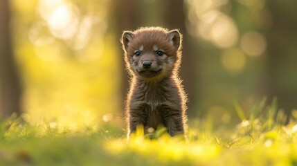Fototapeta premium Adorable red fox pup sitting in grass, backlit by golden sunlight in a forest.