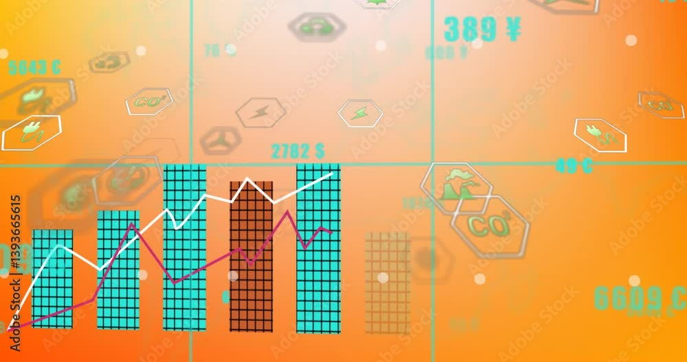 Poster bar graph and line chart with currency symbols over digital icons animation