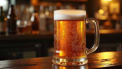 Refreshing beer mug with frothy head against bar background  