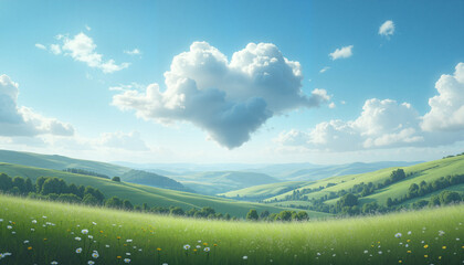 Obraz premium Heart-shaped cloud floating over green hills and blue sky 