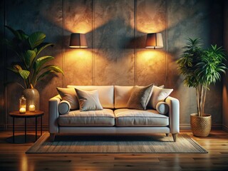 Obraz premium A white couch anchors a cozy living room, dramatically lit for a captivating low-light interior design photograph.