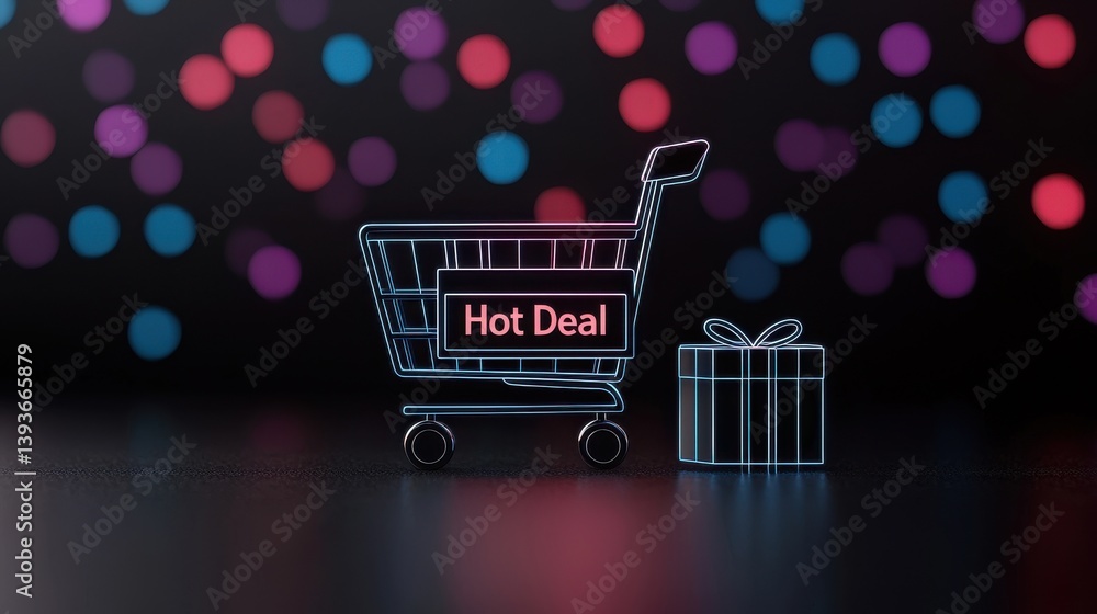 Aufkleber image of a shopping cart icon and gift box icon on a dark background with colorful bokeh lights repr
