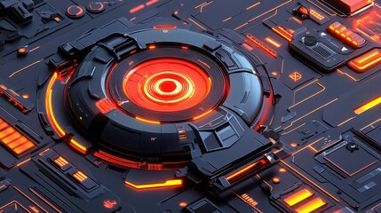 Futuristic technology with glowing orange lights and circuit board design