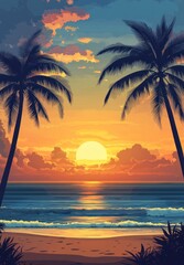 Obraz premium A beautiful sunset over the ocean with palm trees visible