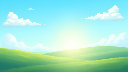 Capture Radiant Blue Skies and Sunshine: A Simple Flat Vector Illustration of Vibrant Summer Landscapes with Dynamic Cloudscapes and Optimistic Outdoor Scenes