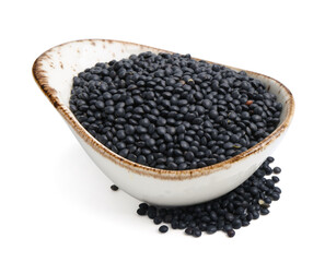 Raw lentils in bowl isolated on white