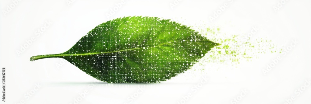 Poster Green leaf dissolving into digital pixels illustrating the harmony between nature and technology in a modern environmental context