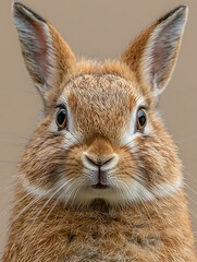 Fototapeta premium A close-up portrait of a brown rabbit with alert eyes and prominent cheeks against a neutral background capturing its delicate features.