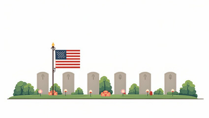 Obraz premium Flat Elegant commemorative visuals featuring flag tributes at military cemeteries with refined settings solemn displays and respectful patriotic symbolism in Simple flat cute vector illustration of 