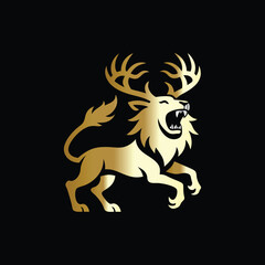 hunting hunter with gun and forest vector logo design template on black background. Lion and deer logo design vector template on black background. Vector illustration.