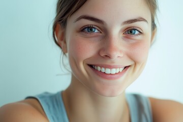Naklejka premium Smiling young woman with beautiful blue eyes looks at camera