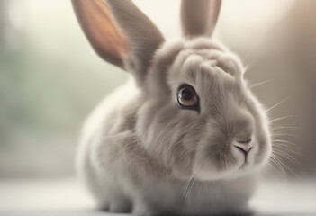 Obraz premium rabbit portrait white background close rodent ear symbol sitting pretty brown eared indoor fuzzy animal grey furry delicate funny easter baby primate young fluffy pet cute posing single hare