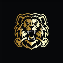 hunting hunter with gun and forest vector logo design template on black background. Lion and deer logo design vector template on black background. Vector illustration.