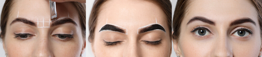 Henna eyebrow tinting, collage. Photos of woman before and after dyeing, closeup