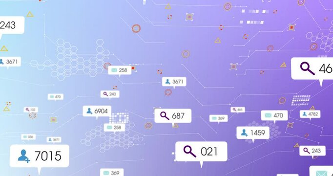 Animation of digital data visualization with search icons and numerical statistics