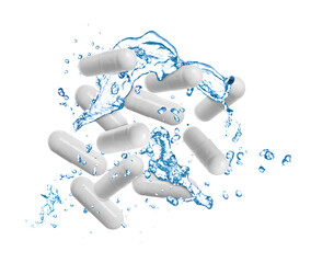 Many pills and splashes of water in air on white background