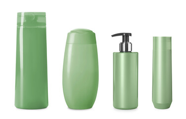 Blank bottles of personal care products isolated on white. Mockup for design