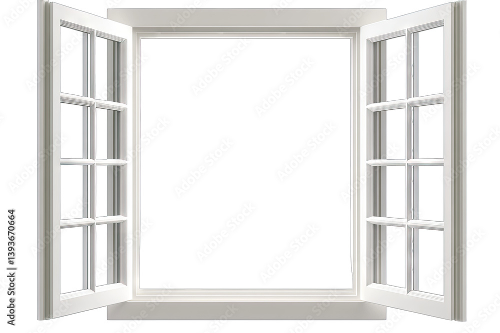 Poster a white window with open panes creating a blank space that invites light and air symbolizing opennes