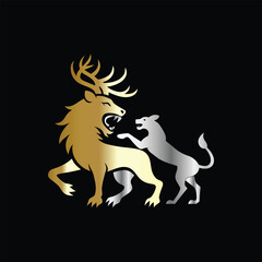 Fototapeta premium hunting hunter with gun and forest vector logo design template on black background. Lion and deer logo design vector template on black background. Vector illustration.