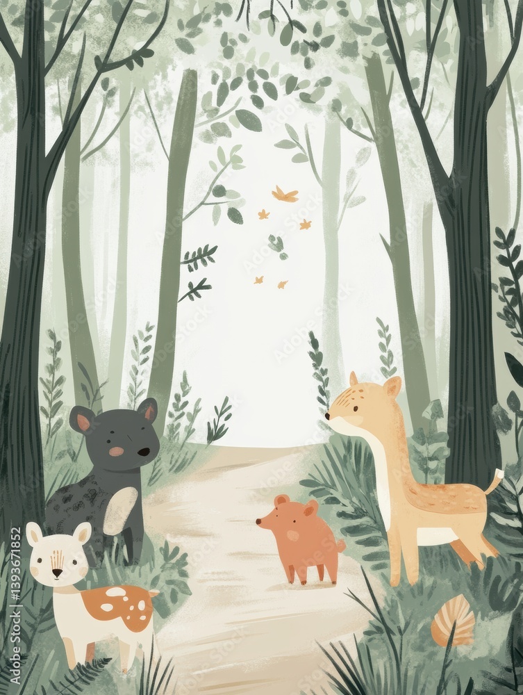 Poster Soft forest path with gentle animals strolling together in a serene woodland setting during a calm afternoon