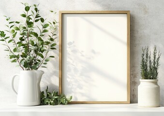 Square poster mockup with minimalist art frame on table with jug and green plants against empty wall