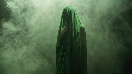 Mysterious green veiled figure enigmatic atmosphere high-fidelity imagery moody silky fabric dramatic viewpoint surreal concept