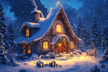 Fototapeta premium A Cozy Snow Covered House Illuminated During a Winter Evening