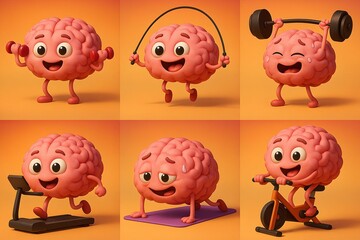 3D cartoon brains exercising with dumbbells, jump rope, treadmill, yoga mat, and cycling for mental fitness and cognitive health