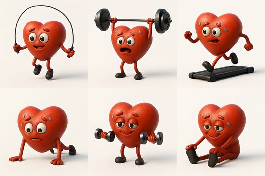 Cute cartoon hearts exercising, struggling, and lifting weights for cardiovascular resilience and endurance on white background