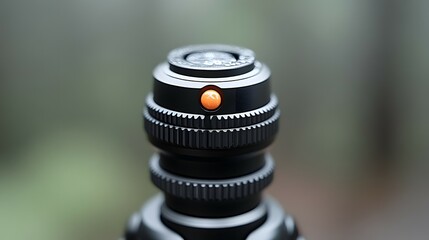 Closeup Black Lens with Orange Button on Knurled Rings Blurred Green Background