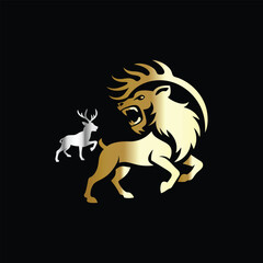 hunting hunter with gun and forest vector logo design template on black background. Lion and deer logo design vector template on black background. Vector illustration.