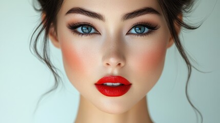 Fototapeta premium Close-up portrait of a woman with intense blue eyes and bold red lipstick, styled hair