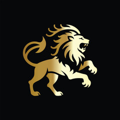 hunting hunter with gun and forest vector logo design template on black background. Lion and deer logo design vector template on black background. Vector illustration.