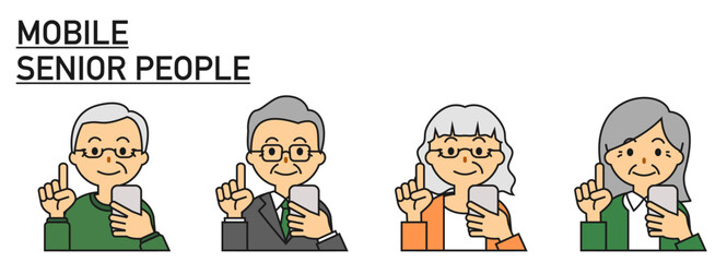 笑顔でスマートフォン、スマホを操作するお年寄り、年配の男女のセット