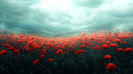 Obraz premium Vibrant Red Poppies Swaying Gracefully in the Wind Against the Backdrop of Rolling Hills