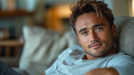 Fototapeta premium Smiling Filipino Man in Cozy Living Room Portrait
