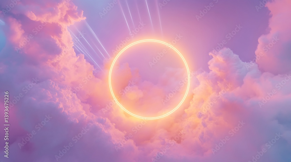 Poster a mesmerizing abstract scene featuring a glowing circular light surrounded by fluffy, pastel-colored