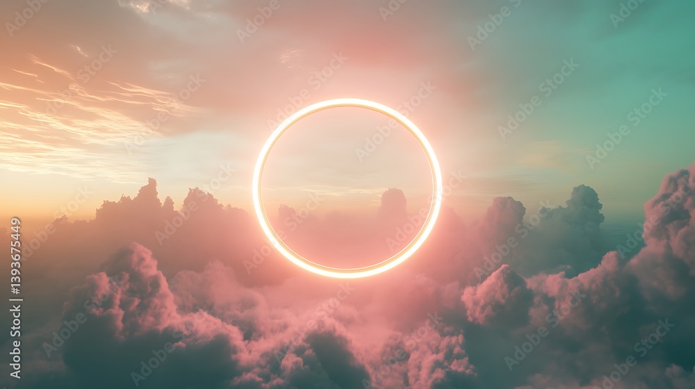 Poster mesmerizing circular light formation surrounded by soft pastel clouds at sunrise, creating a tranqui