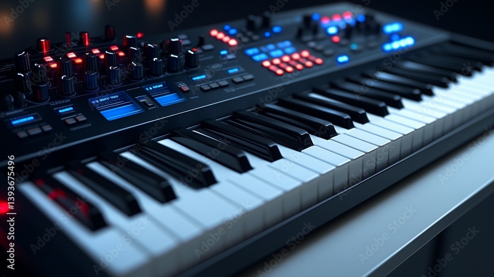 Aufkleber close-up of a modern synthesizer keyboard with illuminated buttons and knobs.