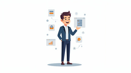 Fototapeta premium Explore a flat refined visual concept showcasing human-AI collaboration through cute vector illustrations, enhancing innovative business synergy.