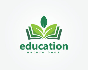 eco book logo, open book with top sheet forming two leaves, logo design inspiration