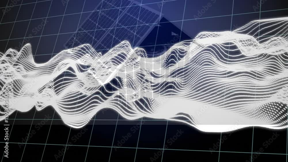 Poster flowing white wave patterns over grid with geometric shapes in animation background