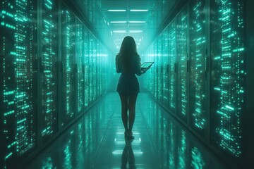 Professional African American Woman Analyzing Data on Tablet in Modern Data Center with Server Racks and Neon Lighting