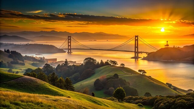 Golden Gate Bridge Sunset Silhouette over Belvedere Tiburon Hills A Breathtaking Coastal Scene
