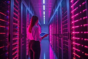 Professionals Analyzing Data in a High-Tech Server Room with Digital Tablets